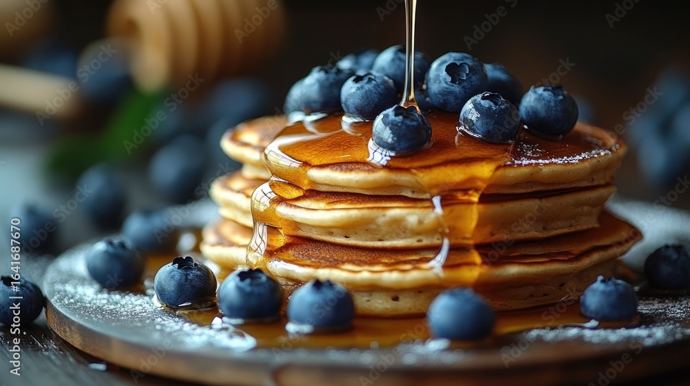 AI-generated illustration of a stack of fluffy pancakes topped with fresh blueberries AI-generated illustration of a stack of fluffy pancakes topped with fresh blueberries