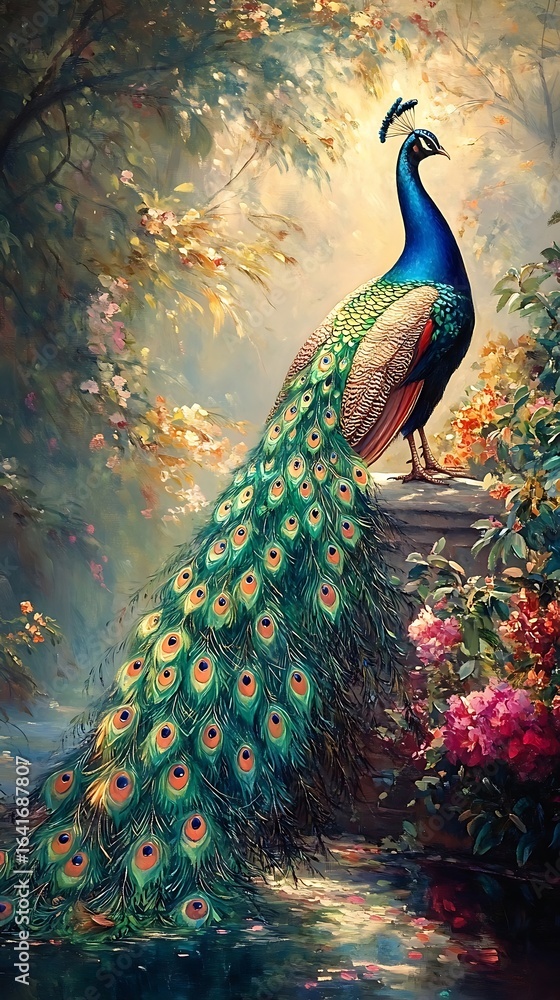 Obraz premium Majestic peacock displaying its vibrant plumage in a lush garden