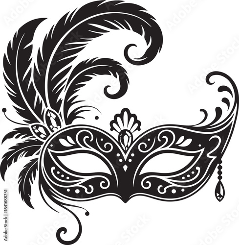 Black Venetian Masquerade Mask with Feathers and Jewels on White Background Venetian mask carnival