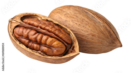 top view realistic pecan nut with shell isolated on transparent background