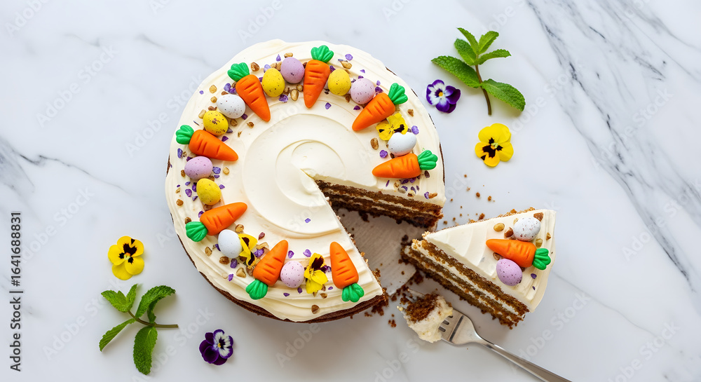 Fototapeta premium Carrot Cake with Easter Decorations and Cut Slice