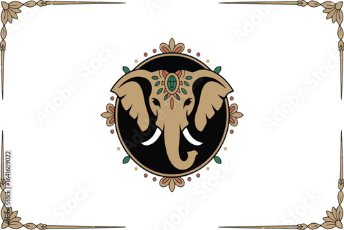 Stylized elephant head emblem with decorative border and gemstones logo symbol