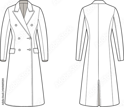 Long trench coat technical flat sketch, front back view, fashion CAD drawing