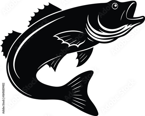 detailed illustration of a leaping bass fish jumping silhouette