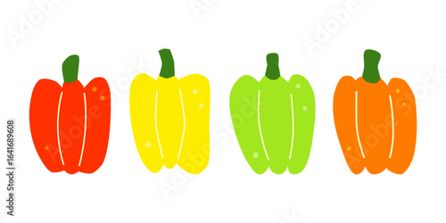 Set of cute hand drawn flat red, yellow, green and orange bell peppers isolated on white background. Healthy vegetarian food. Summer and autumn harvest.