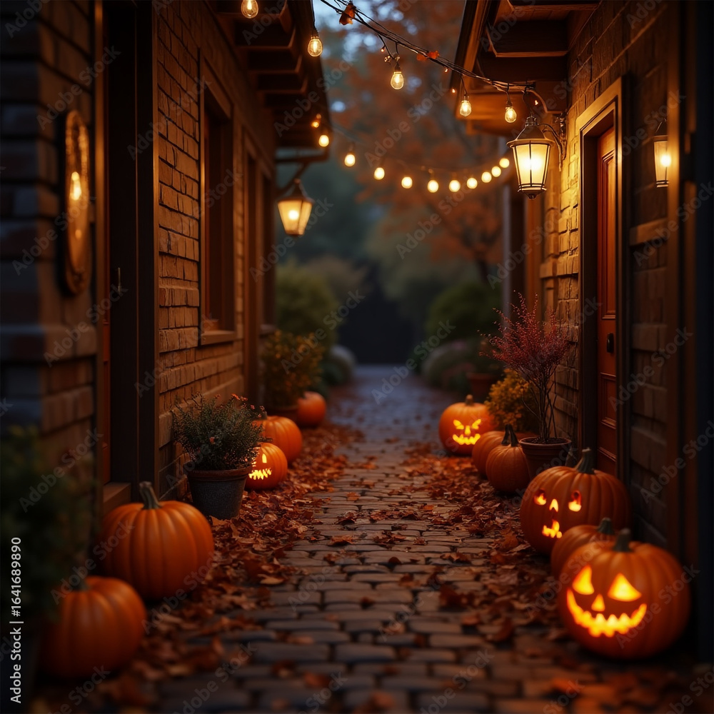 Fototapeta premium Spooky jack-o'-lanterns light up the dark autumn night, their carved faces glowing with a fiery orange light