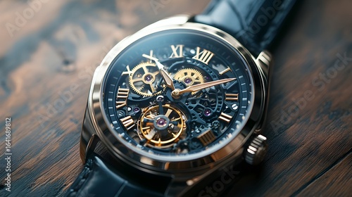 Intricate mechanical watch movement with roman numerals and leather strap