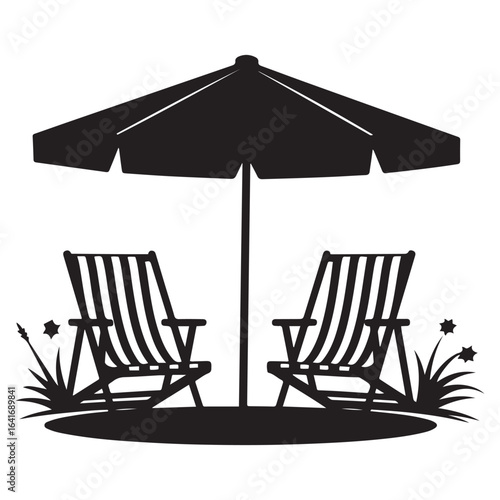 Vector Beach Chair Scene. Vector black silhouette. with white background.