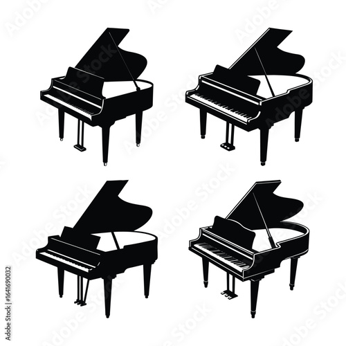 Four Grand Pianos in Black and White Arranged in a Grid Pattern