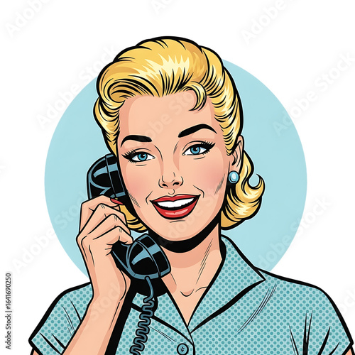 Retro woman talking on a vintage telephone isolated on transparent background