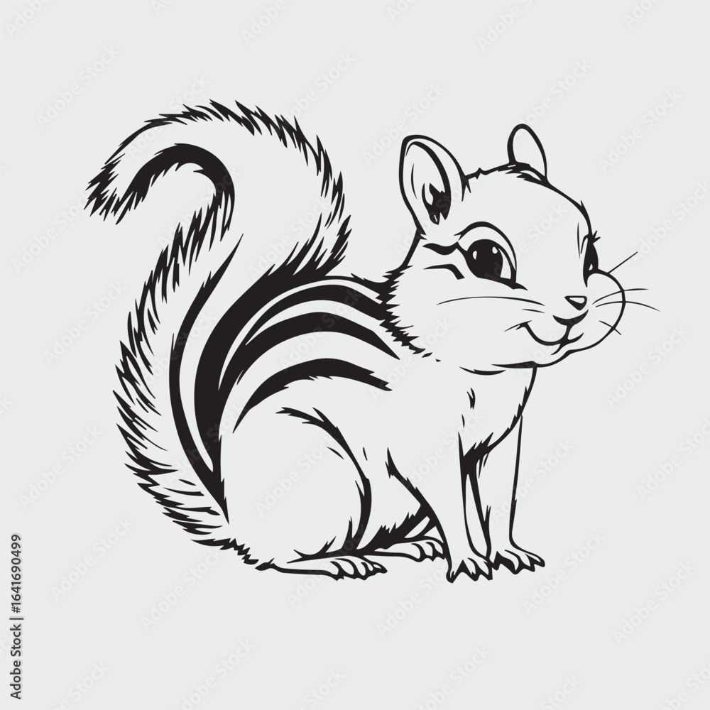 Fototapeta premium Detailed black-and-white chipmunk illustration — sitting pose with bushy tail and striped back for nature and educational design