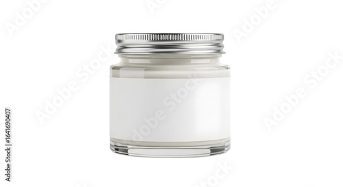 Blank glass jar with silver lid and white label isolated on transparent background