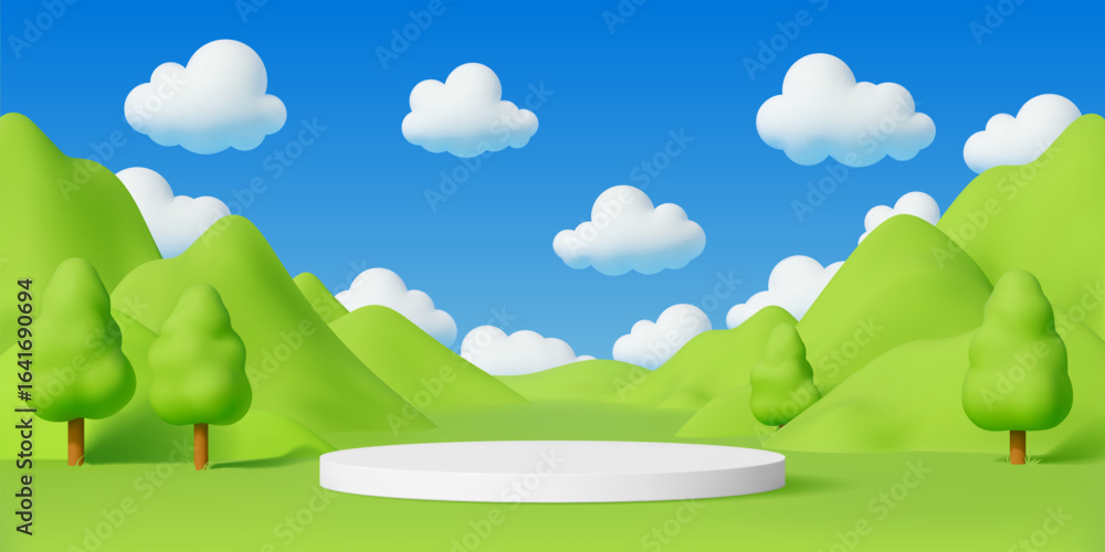 Fototapeta premium Kids podium stage with green grass, forest trees and blue sky landscape. Vector playful 3d cartoon fantasy environment background with hills, fluffy clouds and white circular platform, sunny scene