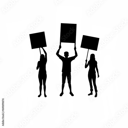 Diverse group of young adults protesting outdoors for unity silhouette isolated on white background