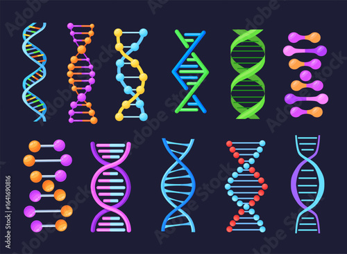 Dna helix model. Genetic strings abstract icons, molecule gene structure double string sequence genom biotech logo biology science concept, cartoon set neat vector illustration