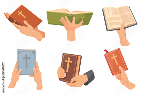 Hands holding bible. People prayer hand hold holy book, church study religious textbook college christian religion teacher give books jesus christ, cartoon neat vector illustration