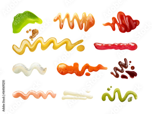 Realistic sauces strips. Different sauce splash drop strip, ketchup mustard mayonnaise bbq cheese cream stain spicy tomato liquid mayo top view isolated exact vector illustration