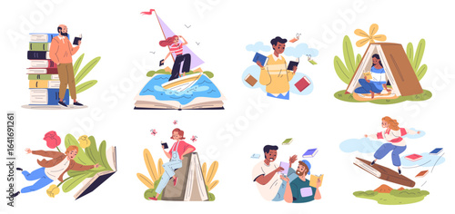 People book concept. Readers read fiction books, student person reading study textbook world literature knowledge share friend literature home library, classy vector illustration