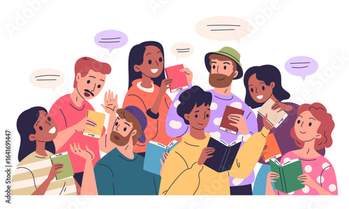 People bookcrossing. Students exchange books, friend borrow book man get literature woman recommend best story gift library reading club swap bookstore, classy vector illustration
