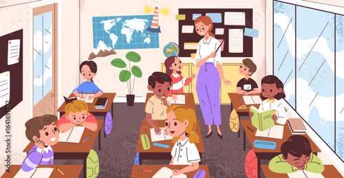 Students classroom desk. School children read book or fun on lessons class study room interior, teacher learning kids education schooler cartoon pupils, classy vector illustration