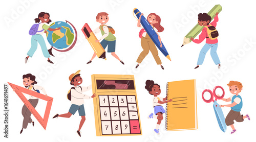 Children big school supplies. Kids hold big giant stationary, cartoon child with pen writing note boy girl pencil ruler calculator highlighter, education classy vector illustration