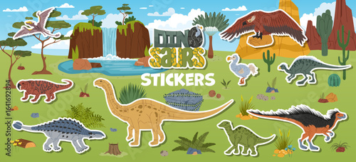 Prehistoric era dinosaur cute characters stickers pack. Extinct prehistoric reptiles vector patch. Anatotitan, Argentavis, Dicraeosaurus and Dimorphodon, Hysilophodon, Lystrosaurus dinosaur sticker