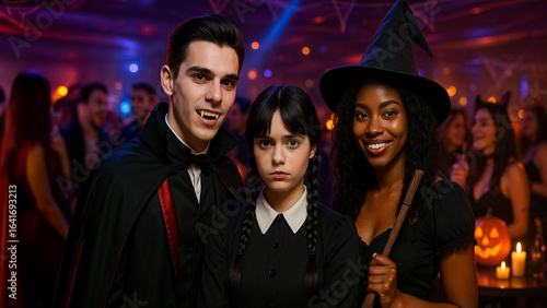 Halloween movie monster character portrait of young people at costume party