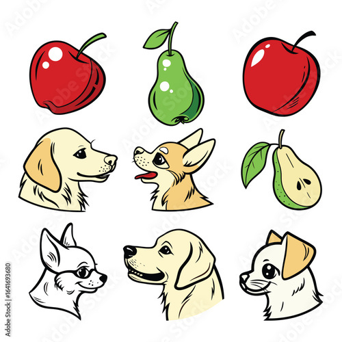 Funny cartoon dogs set with colorful fruit illustrations vector collection