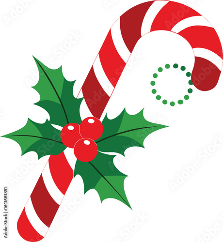 Christmas candy cane with holly leaves and berries silhouette