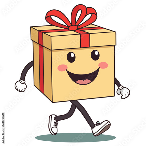 Happy Gift Box Character Walking Cheerfully, Cartoon Style