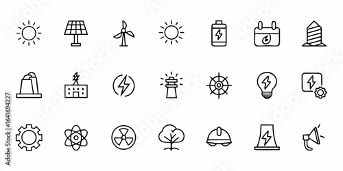 Renewable Energy and Electricity Icon Bundle – Minimalist Line Art Solar, Wind, and Power Symbols for Sustainable Branding and Digital Design