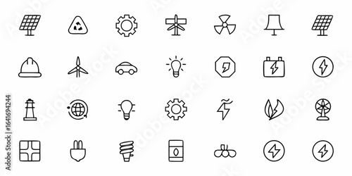 Sustainable Energy and Electricity Icon Set – Minimalist Vector Line Art Power, Renewable Sources, and Electrical Equipment for Modern Design