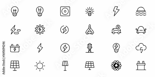 Electricity and Energy Line Art Icon Set – Minimalist Vector Symbols of Power, Renewable Energy, and Electrical Devices for Branding, Infographics, and Web Design