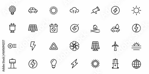 Sustainable Energy and Electricity Icon Set – Minimalist Vector Line Art Power, Renewable Sources, and Electrical Equipment for Modern Design

