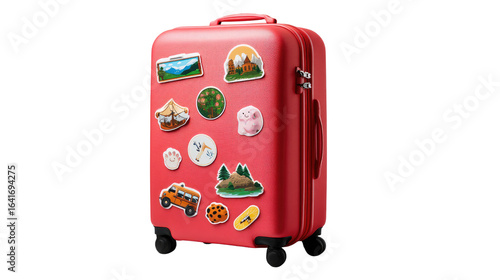 Ready to Explore: A vibrant red travel suitcase, adorned with unique stickers, epitomizes the spirit of adventure and wanderlust, ready to embark on a journey filled with exciting experiences.