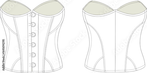 Women’s corset top technical flat sketch, front back view, fashion CAD drawing