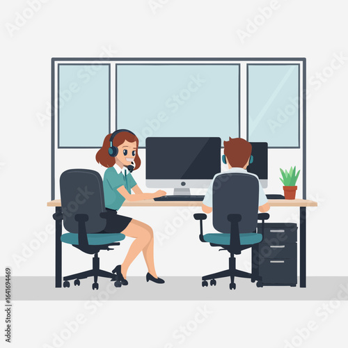 Happy customer service agents working at modern office desks