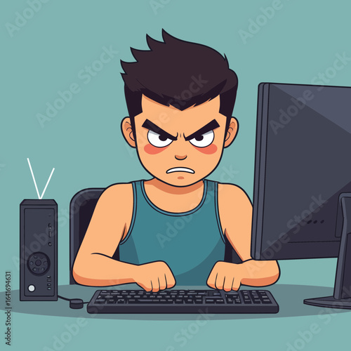 Angry young man frustrated with computer problems, cartoon style.