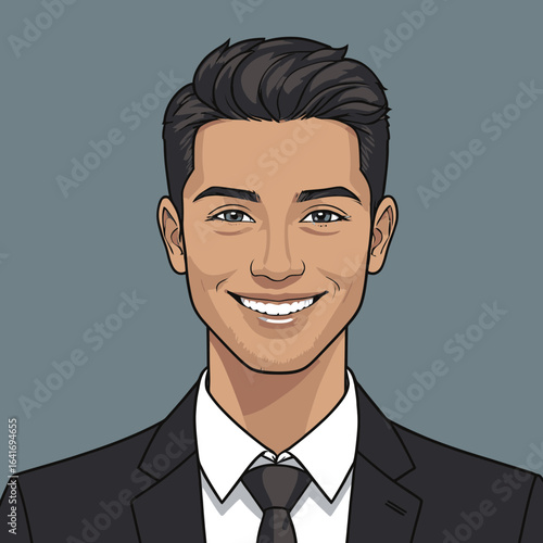 Smiling Hispanic businessman cartoon portrait, friendly professional style