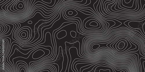 Abstract topographic contour line background in black and gray, modern minimalistic pattern design, wavy geographic curves, elevation map style illustration for wallpaper, texture, or graphic use.