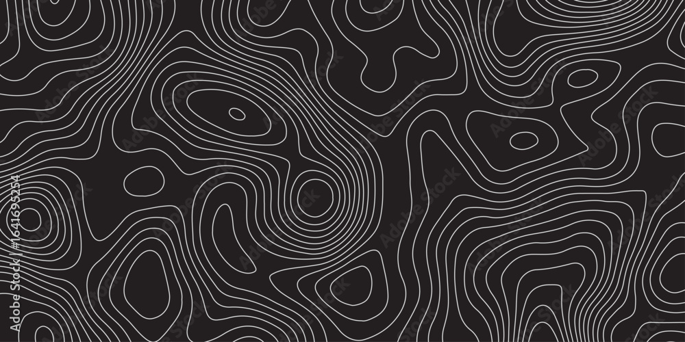 Fototapeta premium Abstract black background with white contour lines creating a topographic map pattern. Modern minimal design, seamless texture, wavy lines, elevation curves, and stylish geometric flow.