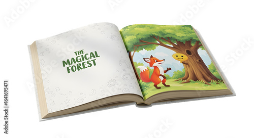 Open childrens story book with illustration of a fox in a magical forest, isolated on transparent background