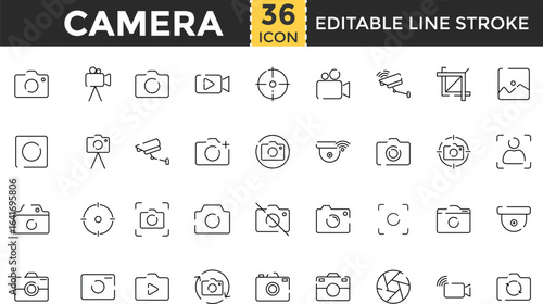 Camera Line Icon Set. Pixel perfect and Outline Editable Stroke Icons collection for Camera, Digital, Influencer, Movie, Photo, Photography, Picture, Security Camera, Social Media, Television, Video, 