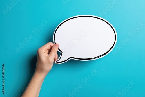 Hand holding blank speech bubble against blue background