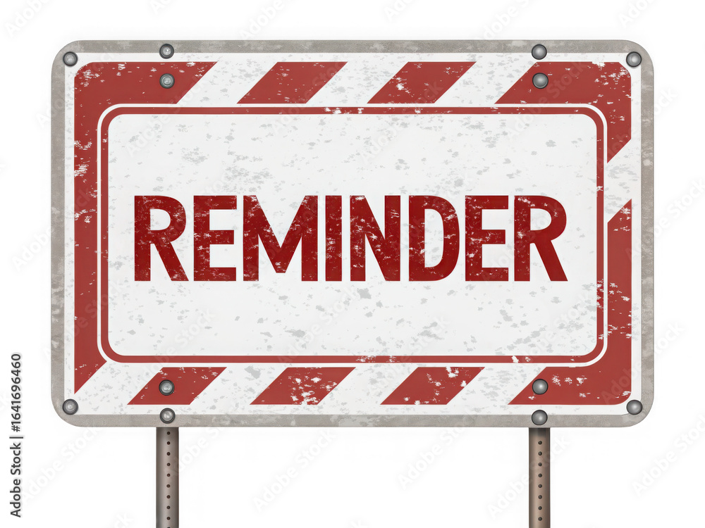 Fototapeta premium Vintage red and white striped warning sign with the word reminder isolated on transparent background
