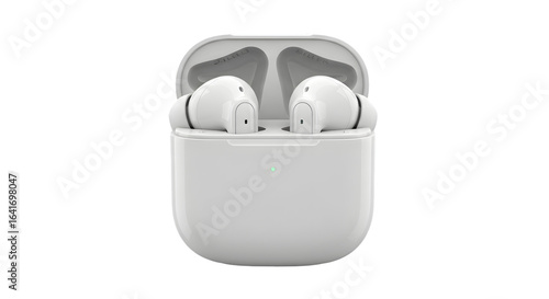 A pair of white wireless earbuds in their charging case, isolated on transparent background