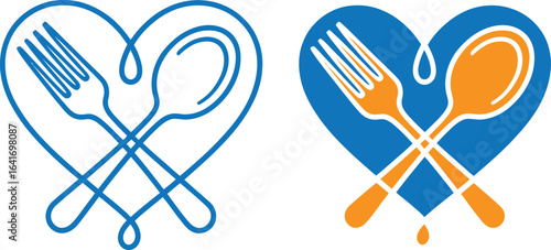 Heart shaped logo with crossed fork and spoon for food and love
