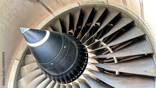 Close-up of shiny aircraft engine fan blades, showcasing precision engineering, aerodynamic design, and advanced aviation technology