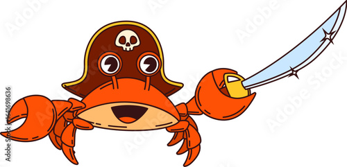 Cartoon crab animal pirate and corsair crew character. Vector groovy crustacean underwater captain personage brandishes a shiny saber, donning a tricorn hat and ready for adventure on the high seas