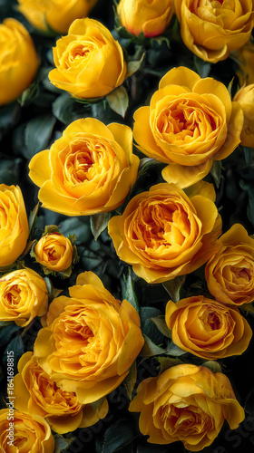 Lush yellow roses in full bloom, beautifully contrasting against dark green leaves, evoking warmth and elegance.